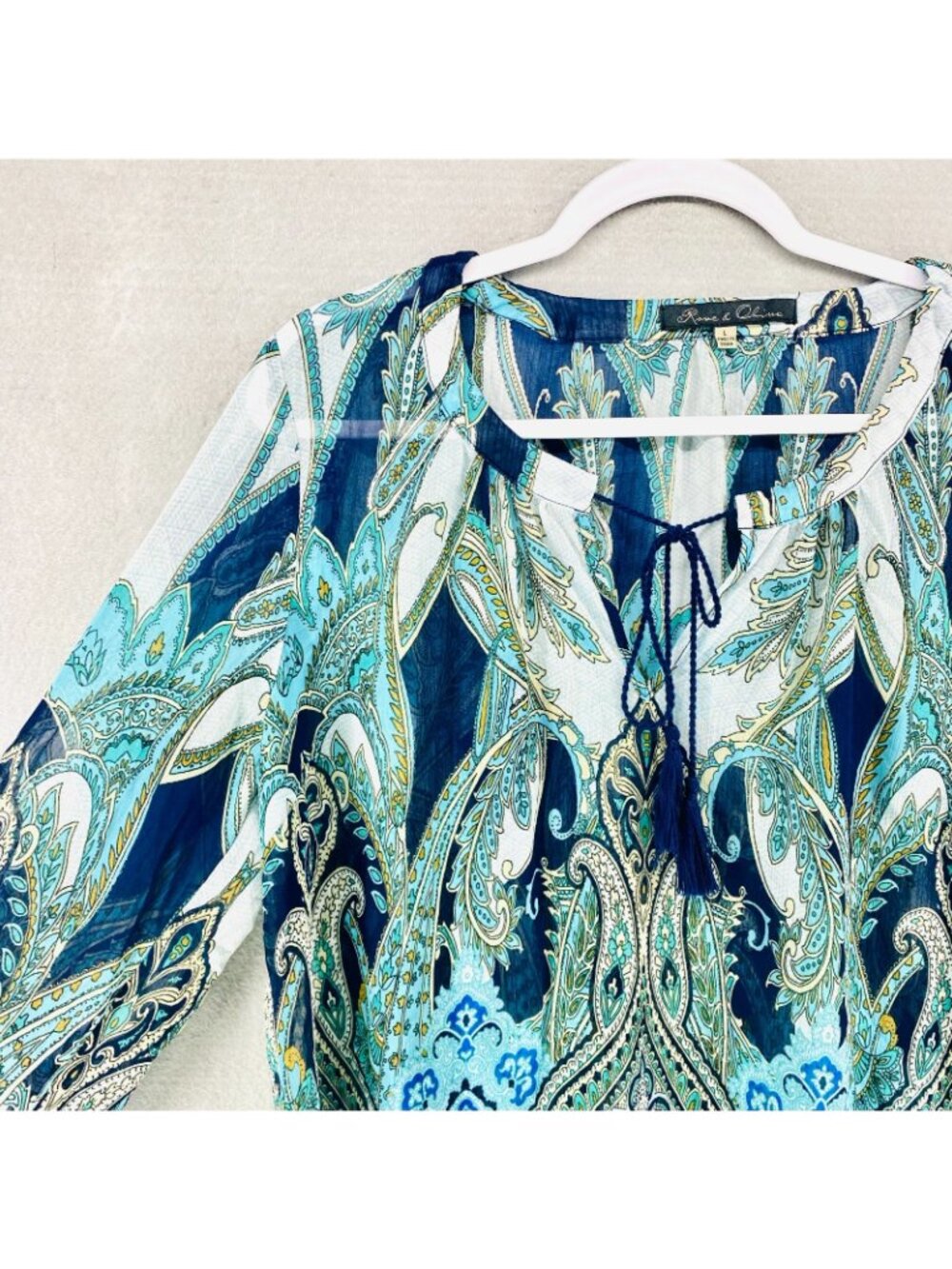 Rose Olive Cottagecore Top Womens L Blue Floral Blouse Lightweight Feminine - Picture 3 of 11